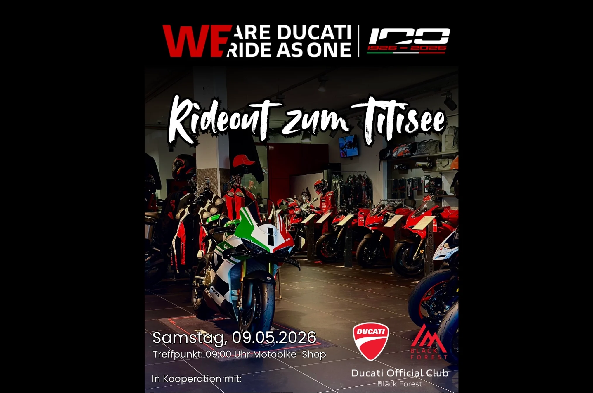 Plakat mit Motorrädern zum Event We ride as one am 09.05.2026 um 9 Uhr